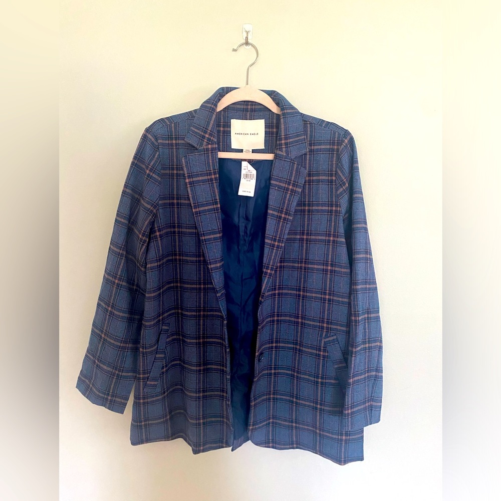Studious and in style! AE Boyfriend Blazer. Blue and pink plaid.